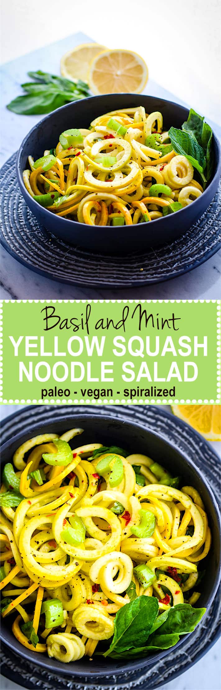 Simple, healthy, nourishing! Paleo and Vegan Basil Mint Yellow Squash Spiralized Salad. A naturally gluten free veggie noodle salad bursting with flavor, nutrients, and color.