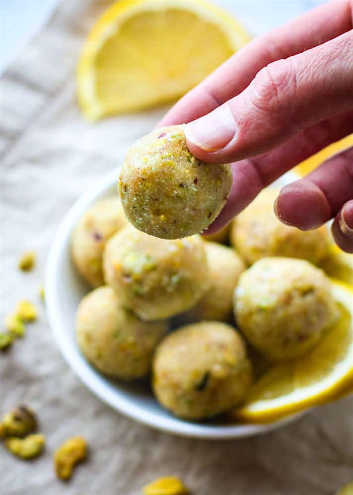No Bake Lemon Pistachio Shortbread Cookie Bites! Vegan and Paleo friendly Bites that taste just like Shortbread Cookie but are actually good for you! Super easy to make, refreshing, light, and naturally gluten free!