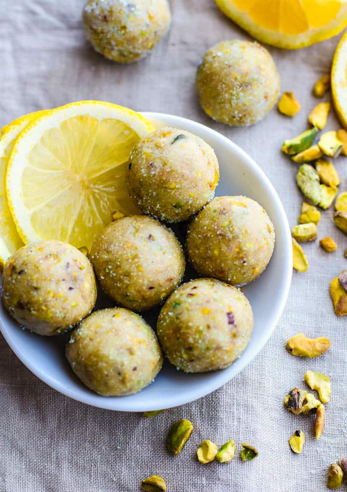 No Bake Lemon Pistachio Shortbread Cookie Bites! Vegan and Paleo friendly Bites that taste just like Shortbread Cookie but are actually good for you! Super easy to make, refreshing, light, and naturally gluten free!