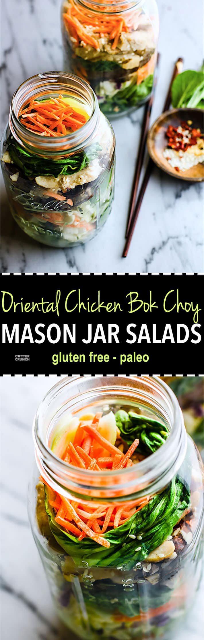 Easy Oriental Chicken Bok Choy Mason Jar Salads! Light, Gluten Free, and Paleo friendly oriental style mason jar salads that are great for lunch or dinners on the go! Perfect use of leftover vegetables and grilled or stir fried chicken as well. Portable Healthy lunches and so easy. 