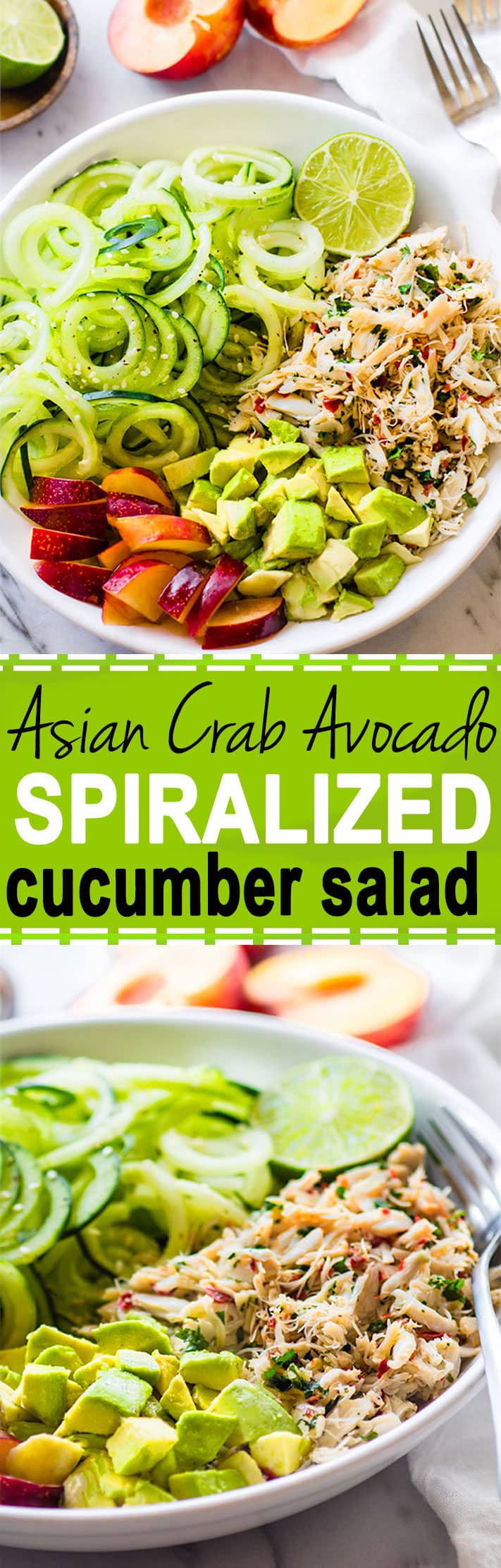 Healthy Asian Crab and Avocado Spiralized Cucumber Salad. Seafood lovers rejoice! You'll love this Power Lunch Paleo Asian Crab and Avocado Cucumber Salad! Light, Gluten Free, protein packed, and nutrient dense!! @cottercrunch