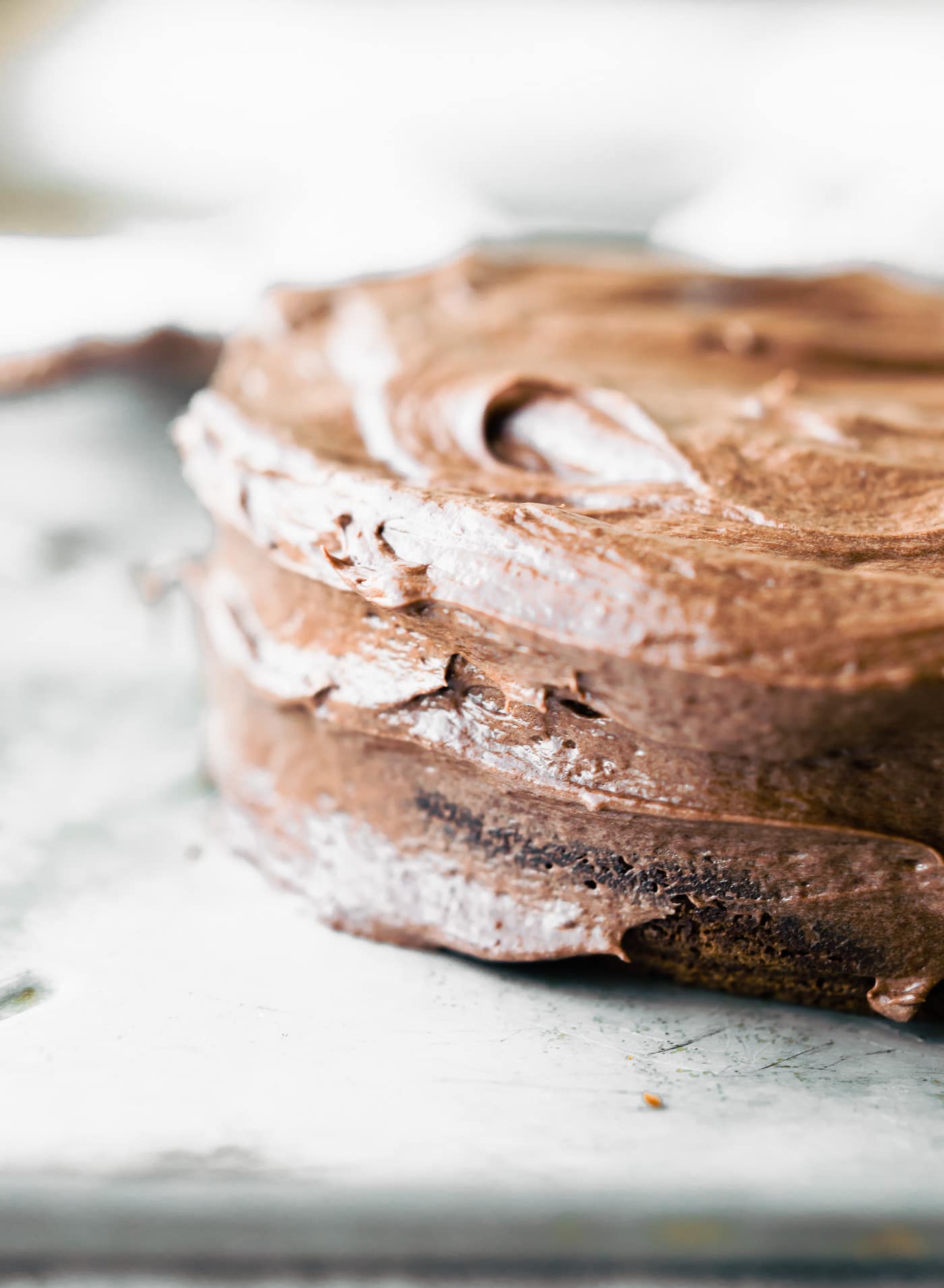 a chocolate cake iced with chocolate vegan coconut cream frosting