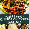 MOROCCAN SALAD recipe with chickpeas and quinoa! This zippy healthy salad is far from boring. Layers of quinoa, spiced chickpea, dried fruit, pistachios, feta cheese, and vegetables. Great to serve as a gluten free and vegetarian main meal or side dish. #mealprep #salad #vegetarian #healthy #glutenfree