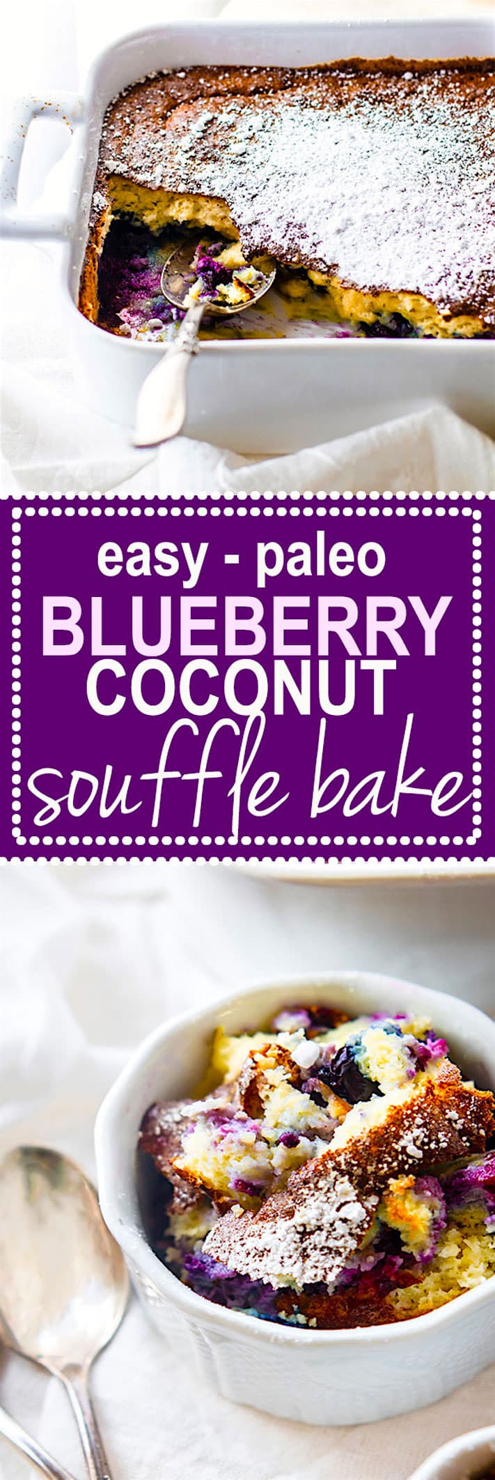 DREAMY Paleo Blueberry Coconut Soufflé Bake! Rich and creamy yet also airy and lightly sweet! This low carb paleo blueberry coconut soufflé bake is a twist on the classic French dish. A Healthy Fool Proof souffle that's great for a dessert or brunch! A custard like center but still light and flavorful. Feeds many, simple ingredients, and so delicious! @cottercrunch