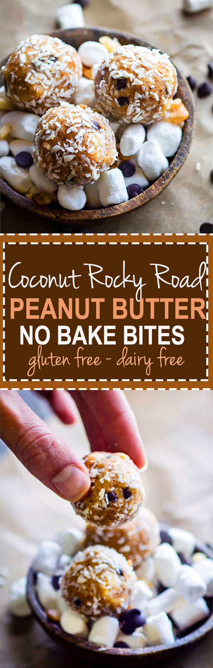 Gluten Free Coconut Rocky Road Peanut Butter Bites. Super simple no bake peanut butter bites that are packed with a rocky road and coconut filling! Made with natural ingredients that are dairy free, grain free, and healthy! Great for kids, snacking, and real food fuel for all.