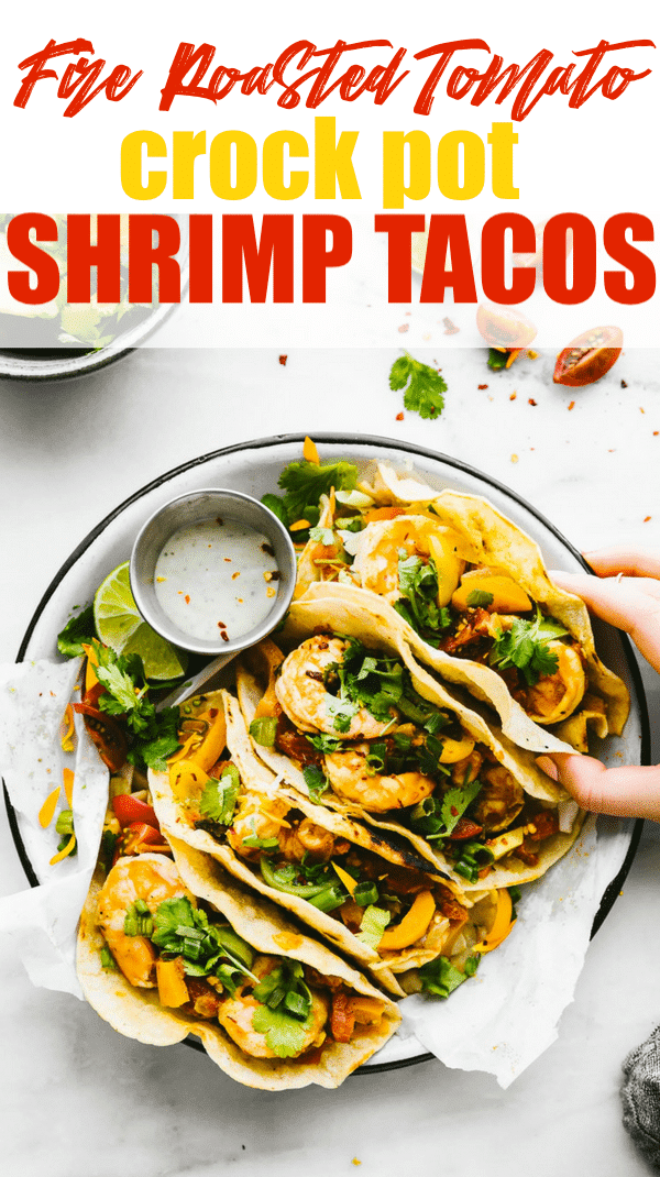 Gluten Free Crock Pot Fire Roasted Shrimp Tacos! We love making crock pot tacos. This recipe requires little prep! Slow cooking the shrimp with fire roasted tomatoes (and other vegetables) produces delicious flavor and preserves nutrients! Great for busy days and easy dinners! #Paleo option included. #tacos #Slowcooker #paleo Crockpot #healthy