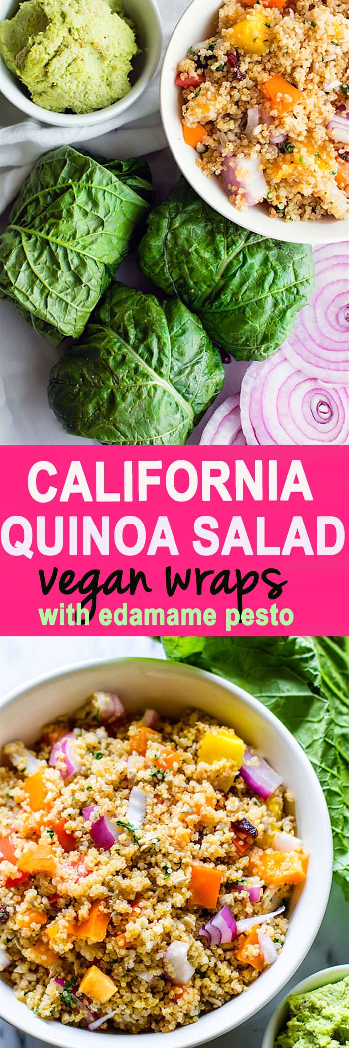 Delicious Gluten Free California Quinoa Salad Collard Wraps with Edamame Pesto. Protein Packed Vegan California Quinoa Salad wrapped up in healthy greens. @cottercrunch