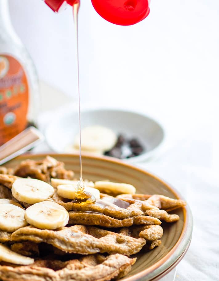 Super EASY Blender Banana Rice Gluten Free Waffles! Just blend and pour for these dairy free and gluten free Waffles. Freezer friendly, made with simple real FOOD ingredients, perfect fuel for breakfast or a delicious Weekend Breakfast. Vegan option as well!