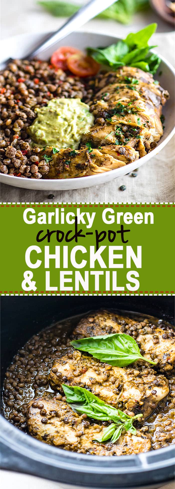Simple Garlicky Green Crock-Pot Chicken and Lentils! A FLAVORFUL and fresh gluten free crock-pot chicken recipe that's packed full of fiber, nutrients, and protein. Easy to make in the crock-pot, healthy, and great for meal prep or family dinners made easy! @cottercrunch