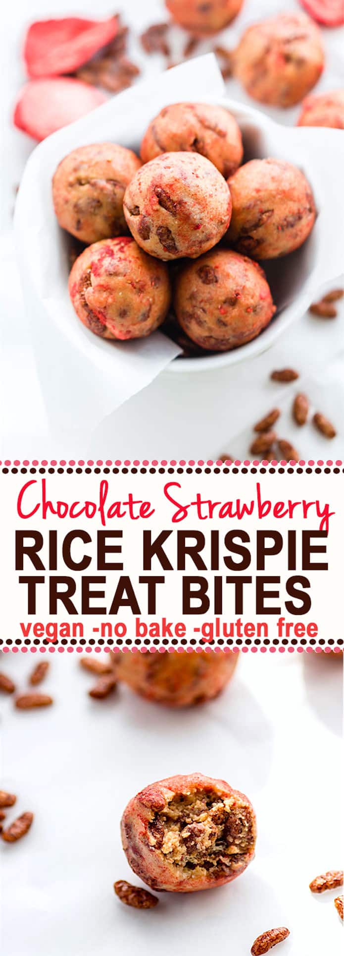 Super Tasty Chocolate Strawberry NO BAKE rice Krispie Treats BITES! Vegan Gluten Free Rice Krispie treats in BITE form and actually healthy for you. Easy to make and a great snack or breakfast bite for kids and adults! @cottercrunch