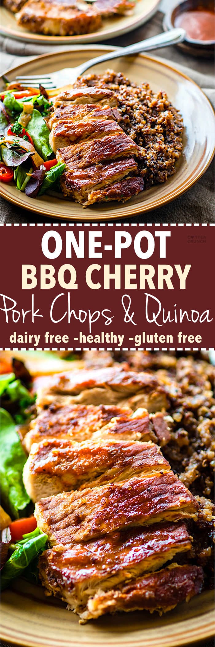 Easy Gluten free ONE-POT BBQ Cherry Pork Chops and Quinoa. A super simple gluten free one-pot meal that feeds the family. Finally, a healthy one-pot BBQ recipe that also makes a great recovery meal. It's balanced in carbs, protein, and healthy fats. Plus loaded with anti-inflammatory properties!