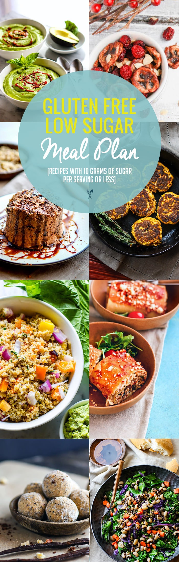 Healthy Lower Sugar Gluten Free Meal Plan Recipes! Snacks/Meals with less than 10 grams sugar per serving. Easy gluten free meal plan ideas to boost health without added sugar or preservatives