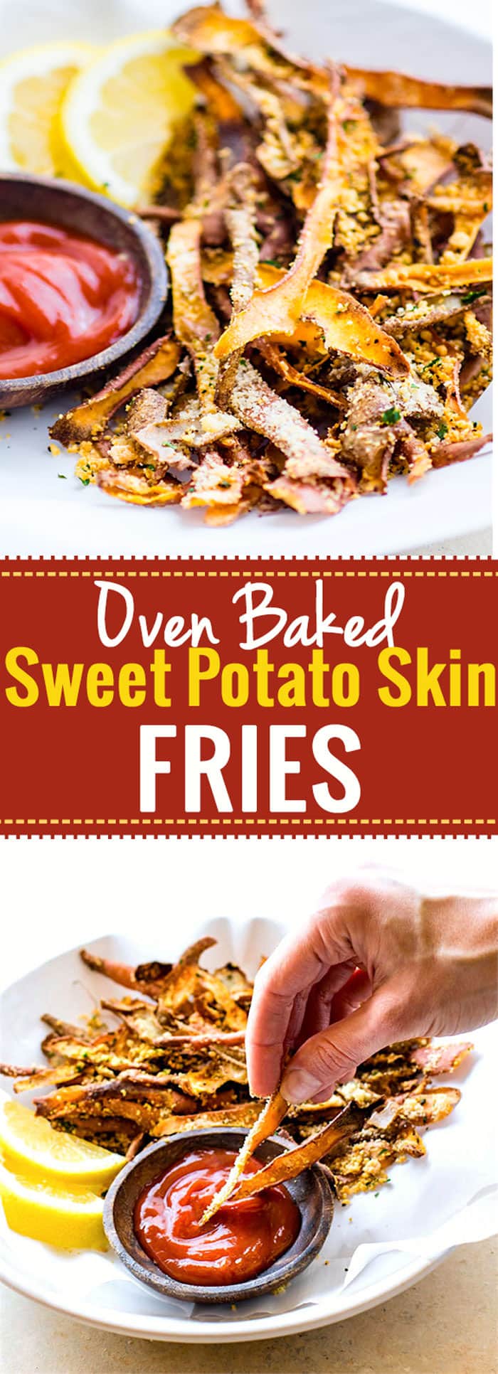 Healthy Oven Baked Parmesan Sweet Potato Skin Fries! Super simple oven baked sweet potato skin fries made from leftover potato skin peels. Easy to make with ANY root vegetable and paleo friendly. @cottercrunch