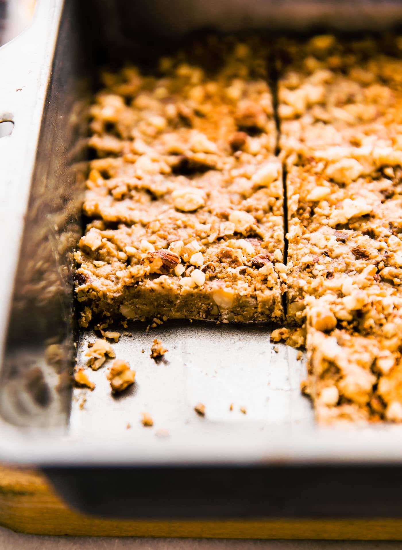 Close up view Paleo Baklava Flavored Bars in pan