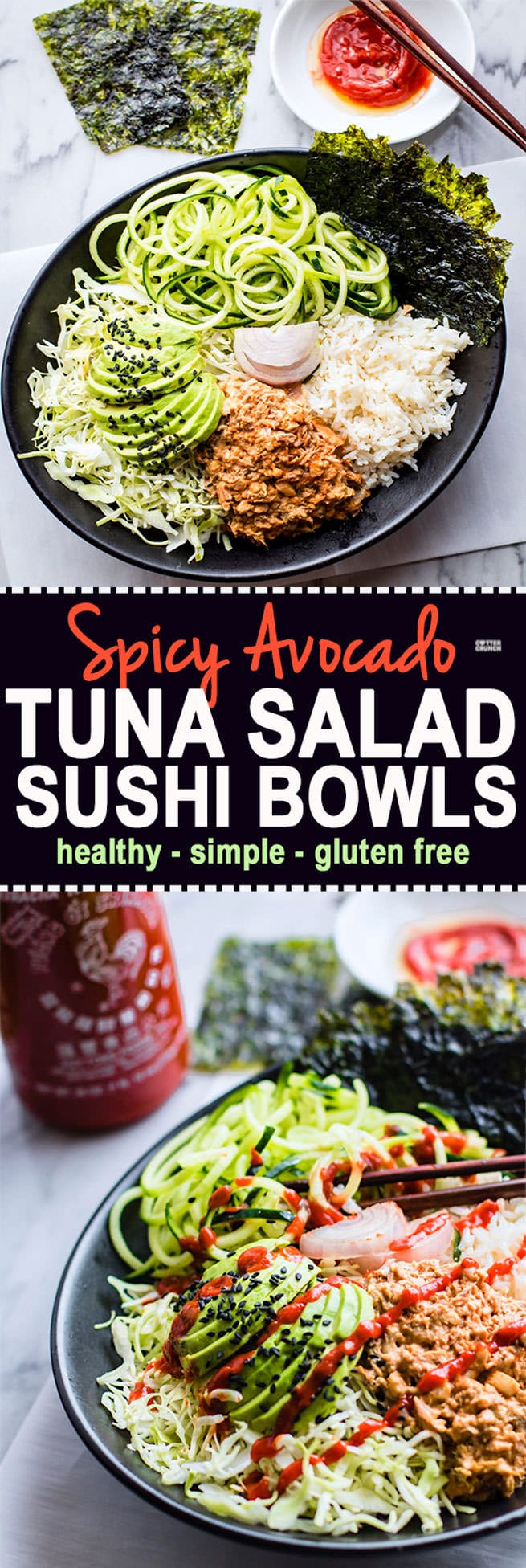Spicy avocado tuna salad sushi bowls. A protein packed gluten free tuna salad mixed with healthy sushi ingredients, then tossed all in a bowl. #paleo friendly @cottercrunch