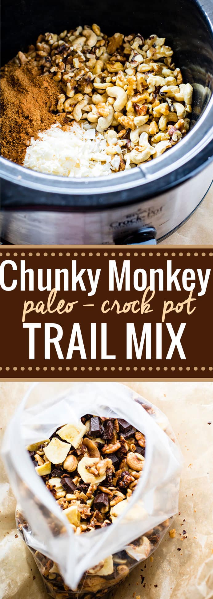 Crock Pot Chunky Monkey Paleo Trail Mix! A healthy grain free paleo trail mix that will give you energy, whether actually on a trail or snacking on the go! This chunky monkey paleo trail mix is one that you can make easy in the crockpot and lots of it. Get ready to munch on a handful mix of nuts, coconut, dark chocolate fudge chips, banana chips, and more! @cottercrunch