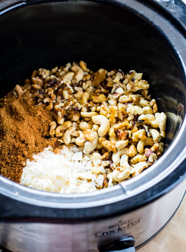ingredients in a Crock Pot to make a Chunky Monkey Paleo Trail Mix recipe