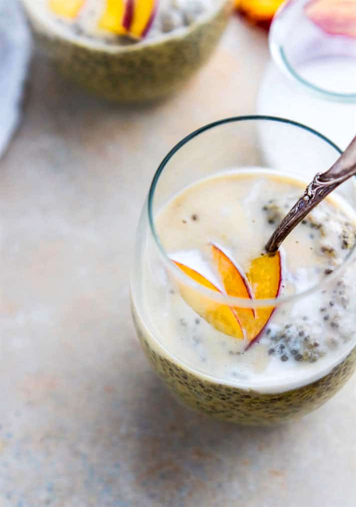 Peaches and Cream Vegan chia pudding! This EASY breakfast and dessert style Vegan Chia pudding recipe is protein packed, Healthy for digestion, gluten free.