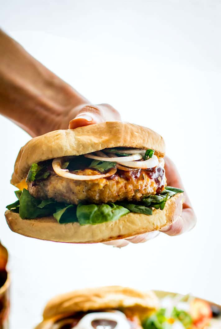 Grilled Adobo Chicken Burgers. Mexican and Filipino style adobo chicken flavors all mixed together then grilled to perfection. Gluten free Chicken Burgers!