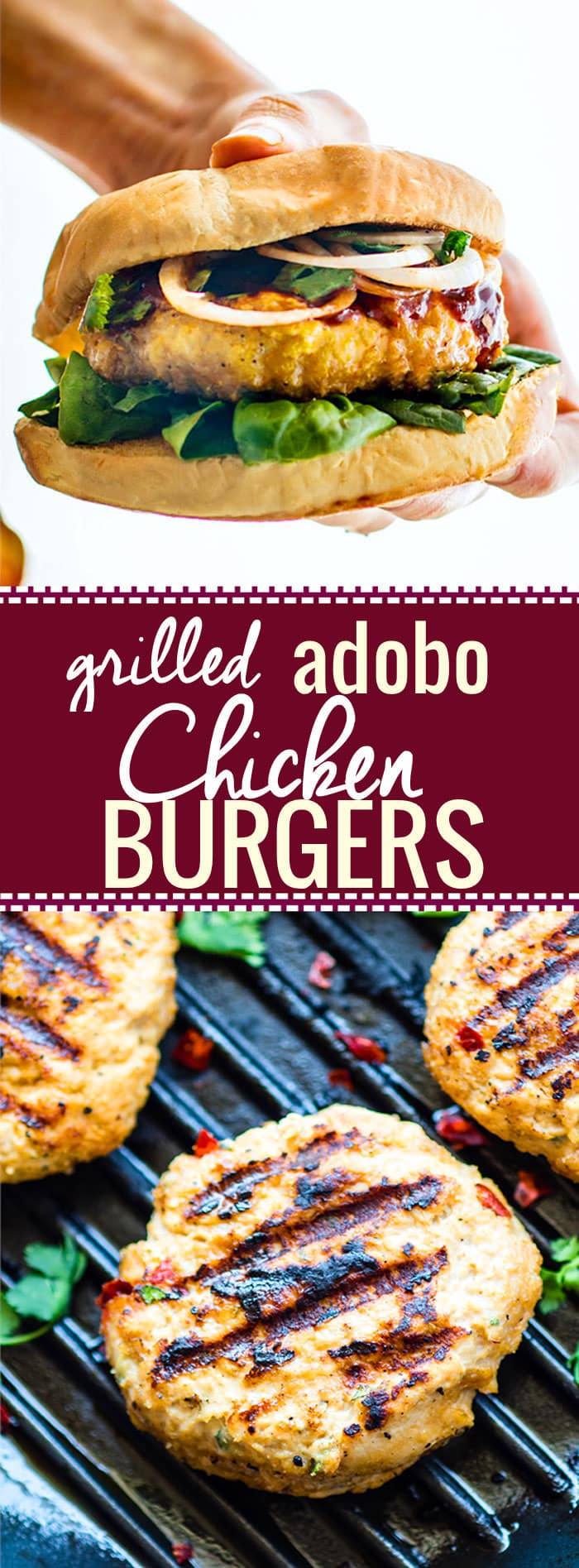 Grilled Adobo Chicken Burgers. Mexican and Filipino style adobo chicken flavors combined then grilled to perfection. Healthy, Gluten free Chicken Burgers! @cottercrunch