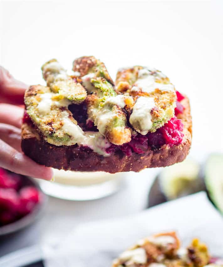 AVOCADO TOAST with a healthy crave worthy upgrade! Smashed beets and gluten free crumbed fried avocado toast with onion aioli. Crispy and buttery Breakfast made in less that 20 minutes.