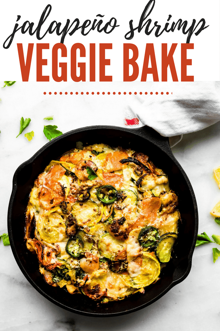 Spicy jalapeño shrimp veggie bake is low carb, grain free, and an easy to make recipe in under an hour! Seasonal vegetables, lean protein, herbs, and spices, all baked to perfection. A better for you gluten free casserole with shrimp and veggies! A total crowd pleaser.  #keto #casserole #glutenfree