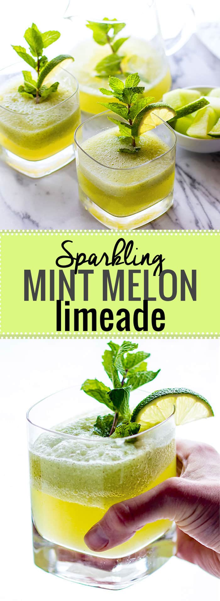 Sparkling Mint Melon Limeade! A Healthy bubbly limeade recipe that will keep you cool and collected all summer! Quick to make, made with natural nourishing ingredients, and delicious to sip on anytime of day. @cottercrunch
