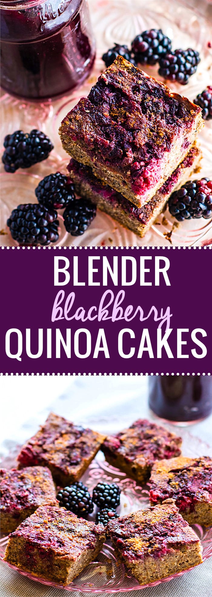 Healthy blender blackberry quinoa cakes recipe! These gluten free quinoa cakes are made with simple fresh ingredients. Dairy free, no refined sugar, and delicious! No oil or butter needed. Just blend and bake! They are packed full of fiber, protein, and great for breakfast, snacks, or desserts. www.cottercrunch.com