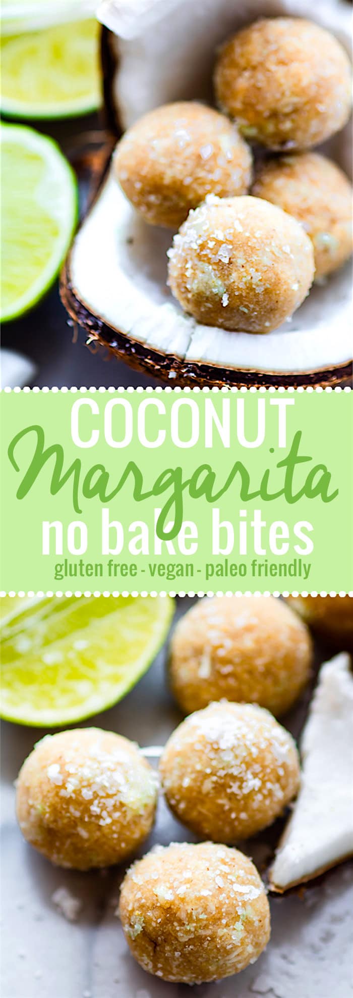 No Bake Coconut Margarita Bites! Super simple no bake coconut margarita treats in dessert bite form! These bites are naturally gluten free, paleo friendly, and vegan! Bites that actually taste like a frozen margarita with natural lime and coconut flavors. So refreshing for summer or anytime of year! @cottercrunch