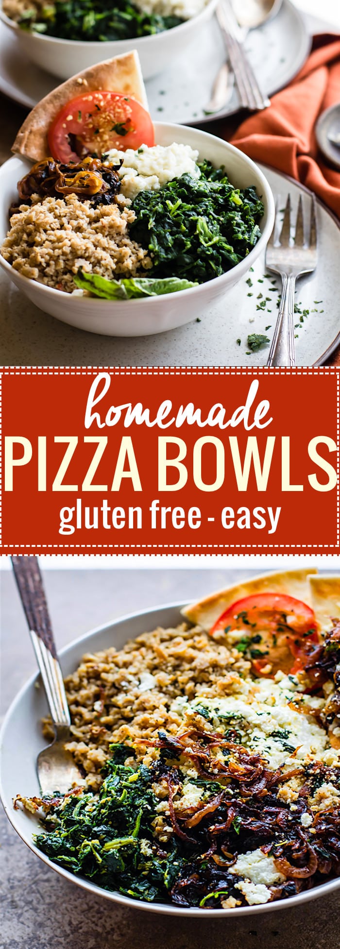 Gluten Free Homemade Pizza Bowls! These Easy homemade Pizza Bowls are a super fun way to share and customize pizza. Just fill it with all your favorite gourmet pizza toppings! Caramelized onion, goat cheese, spinach, and more. Healthy, easy, delish!! www.cottercrunch.com @cottercrunch.