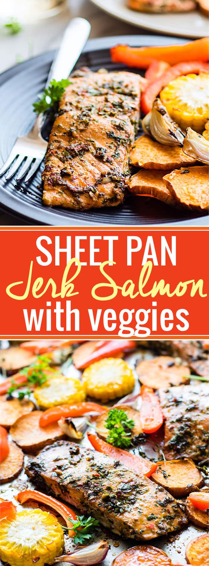 Easy Sheet Pan Jerk Salmon with Veggies! Flavorful Jerk salmon recipe with seasonal veggies baked all on one sheet pan. @cottercrunch