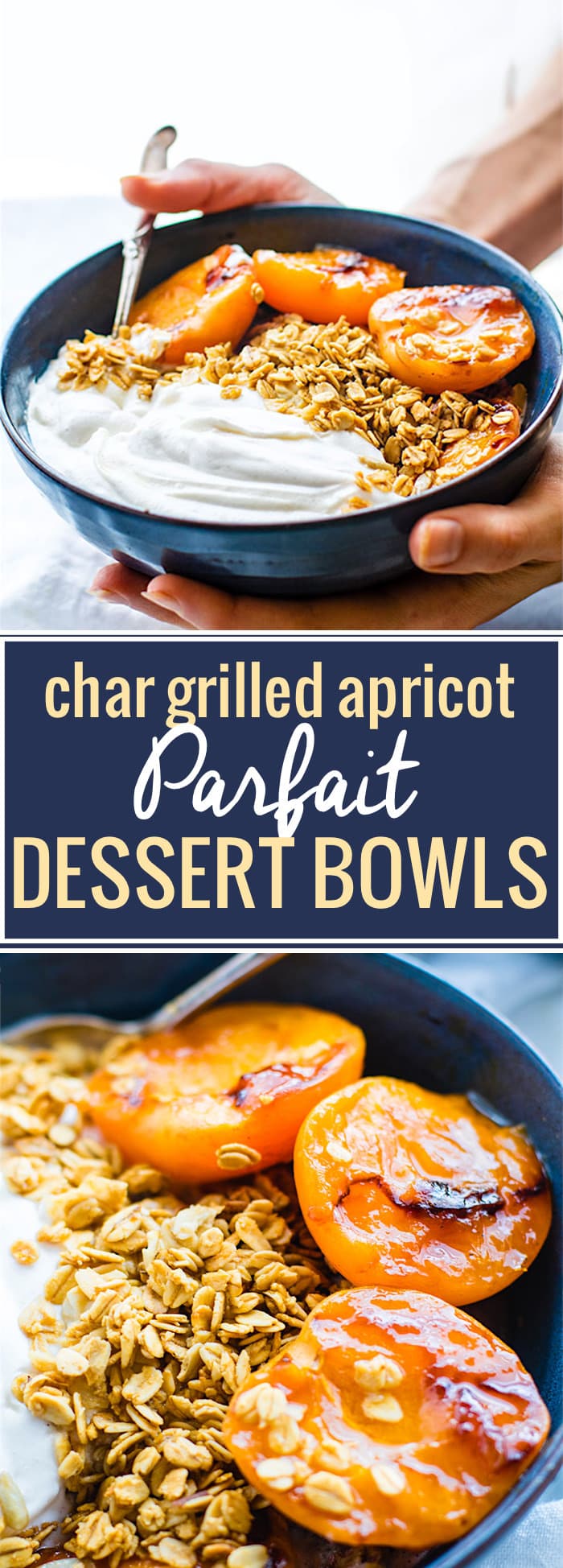 Gluten Free Char-grilled apricot parfait dessert bowls! These dessert bowls are great for dessert or breakfast. A light and simple dessert that's layered across with glazed grilled apricots, whipped coconut cream, and wholesome granola. Vegan Friendly. @cottercrunch