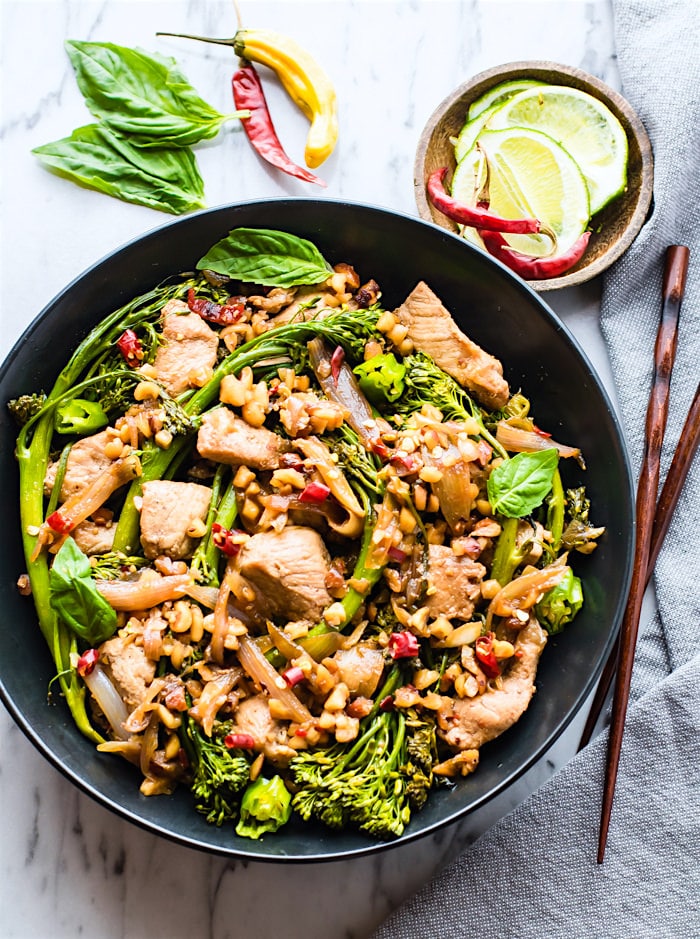Quick Thai-Style Pork Broccolini Stir Fry. This Thai-Style Stir Fry with Pork and Broccolini is a great weeknight meal that is easy to make, gluten free, and paleo friendly. A Healthy protein packed that only takes 30 minutes from start to finish!