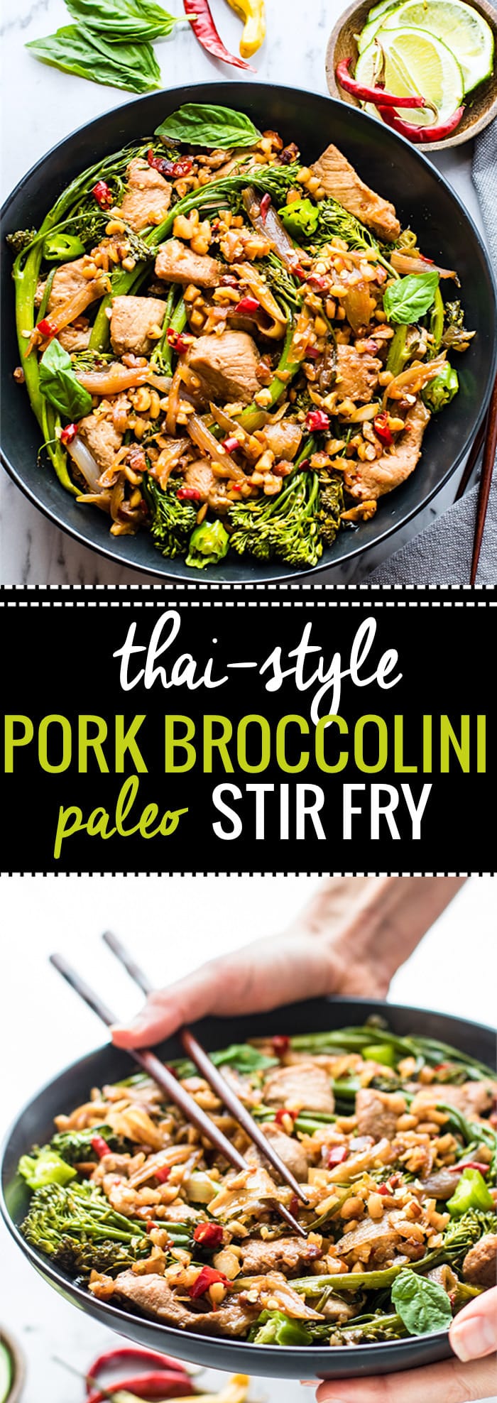 Quick Thai-Style Pork Broccolini Stir Fry. This Thai-Style Stir Fry with Pork and Broccolini is a great weeknight meal that is easy to make, gluten free, and paleo friendly. A Healthy protein packed that only takes 30 minutes from start to finish! @cottercrunch