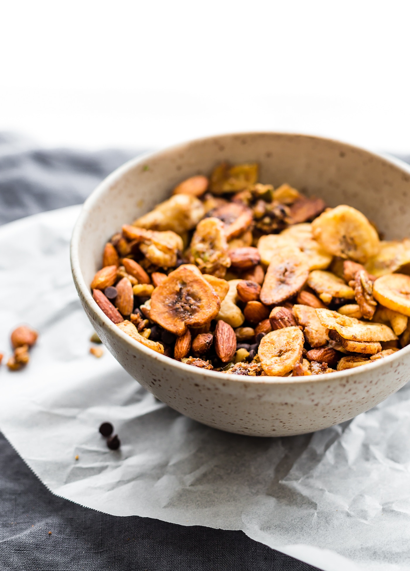 healthy snack mix with nuts, banana chips and dairy-free chocolate chips