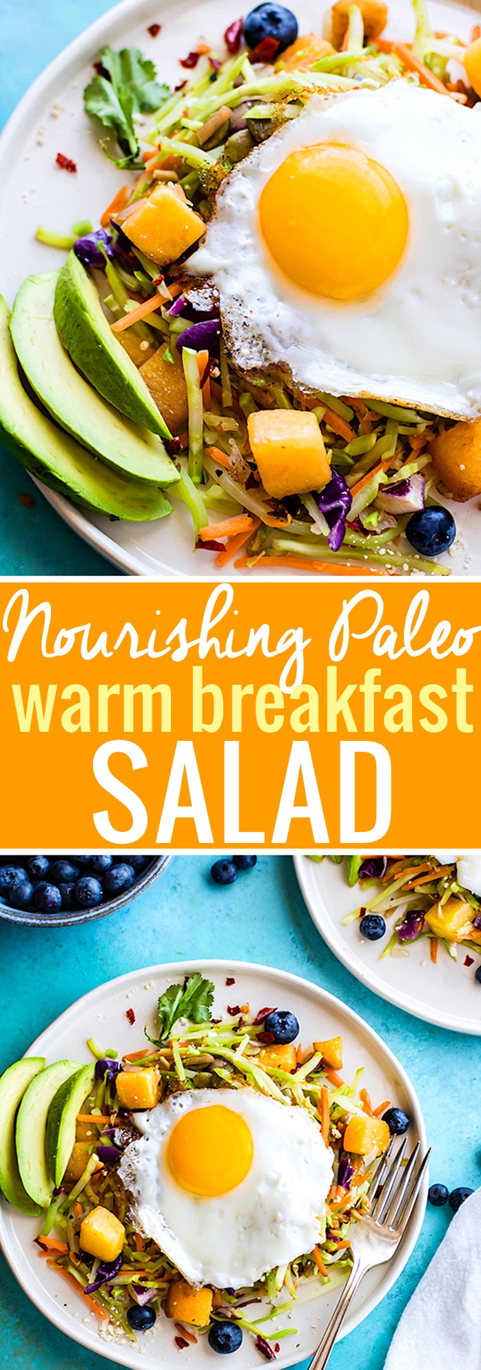 Breakfast salads are the best way to start the day! Create a healthy warm Paleo morning meal with lightly cooked broccoli cole slaw, onion, and squash topped with seasonal fruit and a protein rich fried egg! A nourishing breakfast salad worth waking up for! Easy, delicious, nutritious! @cottercrunch