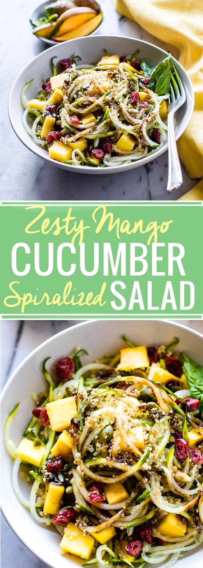 3-Zesty Mango Spiralized Cucumber Salad. Grab your spiralizer and make this light to Vegan Spiralized Cucumber Salad in less that 10 minutes! Sweet Mango, Ginger, Cucumber, Quinoa, and more.  Healthy, easy, gluten free. @cottercrunch)