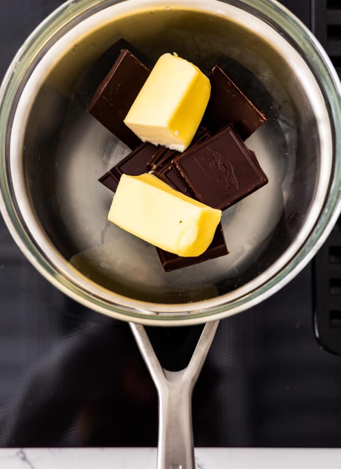 butter and dark chocolate in saucepan