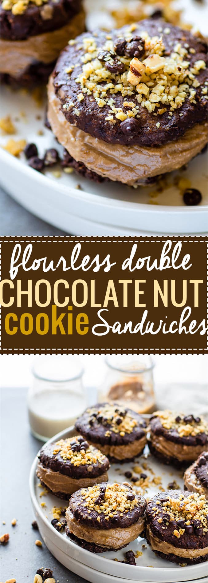 AMAZING Flourless Double Chocolate Nut Cookie Sandwiches! Healthy, easy to make, and Gluten Free and Paleo friendly! Dark chocolate, chocolate chips, and a nutty filling that will make your mouth water. @cottercrunch