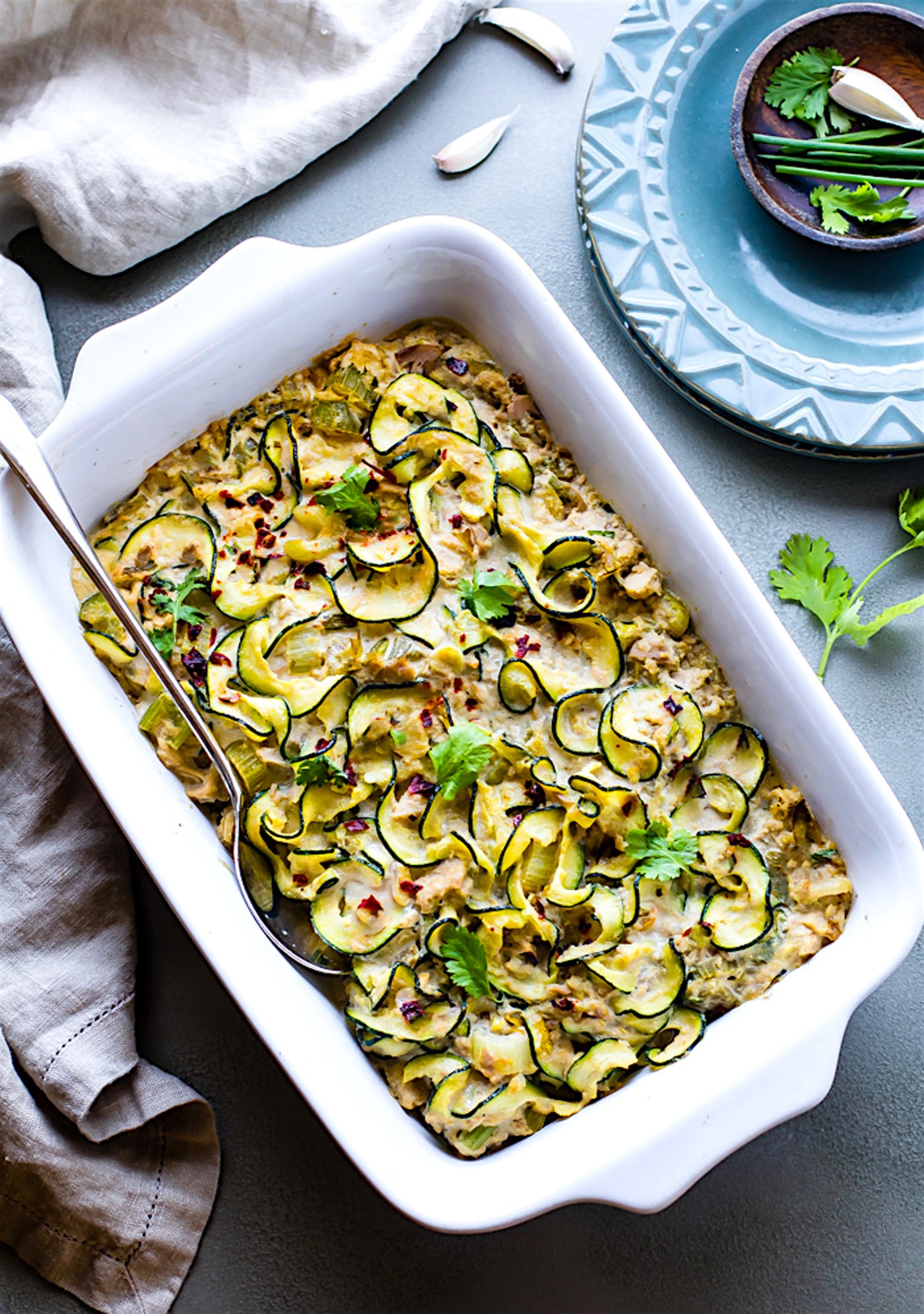 Paleo Tuna Green Chile Zoodle Casserole. An easy, paleo, zucchini noodle casserole that's Whole 30 approved, high protein, and low carb. Hearty yet healthy, this dish can feed a family! A great way to use your spiralizer and boost your nutrition. | CotterCrunch.com