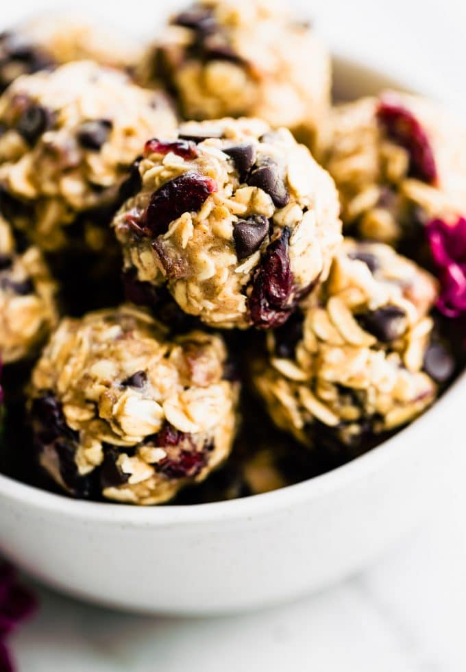 bite sized no bake oatmeal energy balls in a bowl