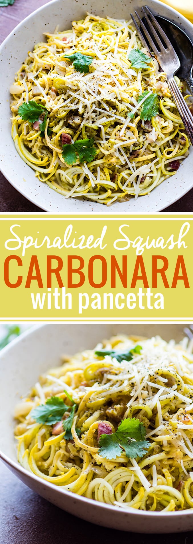 Delicious spiralized squash noodles, pan fried garlic and pancetta, and a creamy pasta carbonara sauce all tossed together. This low carb veggie pasta dish is super easy to make with a spiralizer. A light pasta carbonara comfort food dish that's naturally gluten free.  @cottercrunch