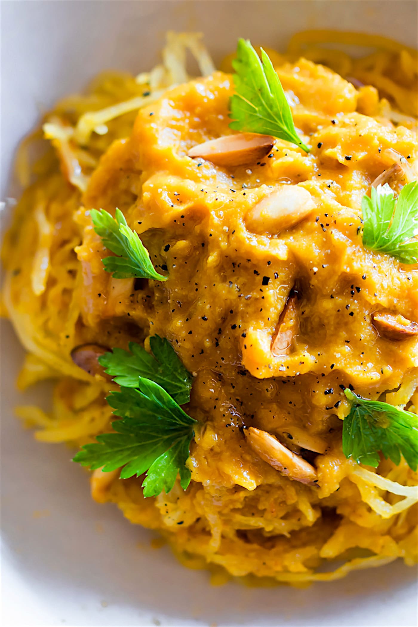 Close up view of pumpkin pasta sauce for pumpkin spaghetti squash pasta with scallops.
