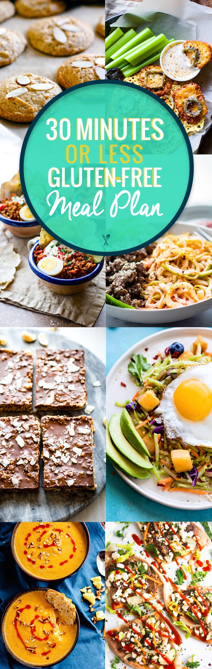A gluten free meal plan with recipes that are quick and healthy! 30 minutes is all you need to make these simple gluten free meal plan recipes! Great for meal prep and holiday planning. Easy and delicious meals, snacks, and desserts. #MEALPLAN #GLUTENFREE