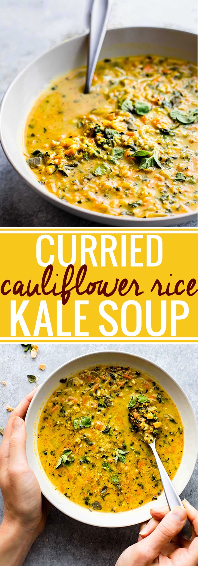 This Curried Cauliflower Rice Kale Soup is one flavorful healthy soup to keep you warm this season. An easy paleo soup recipe for a nutritious meal-in-a-bowl.  Roasted curried cauliflower "rice" with kale and even more veggies to fill your bowl! A delicious vegetarian soup to make again again!   Vegan and Whole30 friendly! @cottercrunch