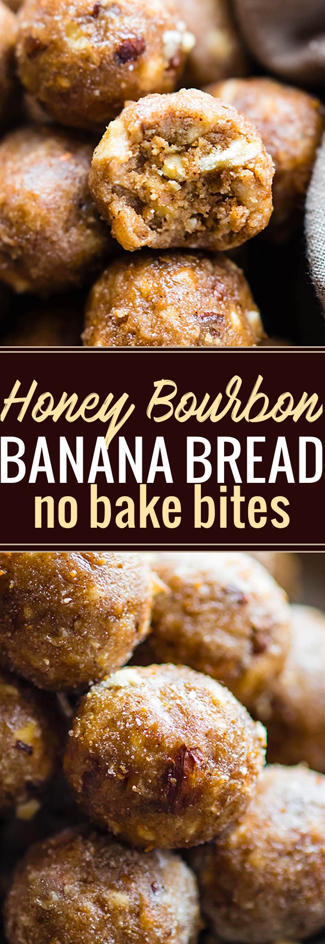 These Honey Bourbon Banana Bread bites make a delicious quick no bake dessert! A gluten free Bourbon Banana bread bites recipe with a little "spike" and seasonal spices. Whip them up for a holiday dessert or tasty snack ready in no time. Dairy free and non alcoholic Vegan option. @cottercrunch