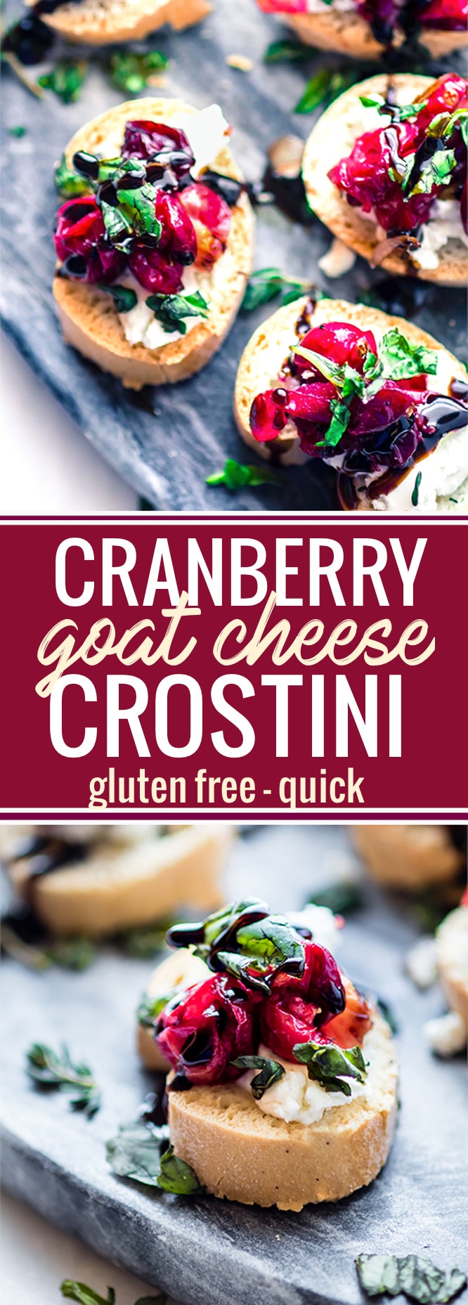 This quick cranberry goat cheese gluten free crostini is made with roasted balsamic cranberries, sweet onion, then topped with fresh basil and balsamic glaze. Super quick, easy, healthy, and a delicious! One of my favorite crowd-pleasing appetizers. www.cottercrunch.com @cottercrunch