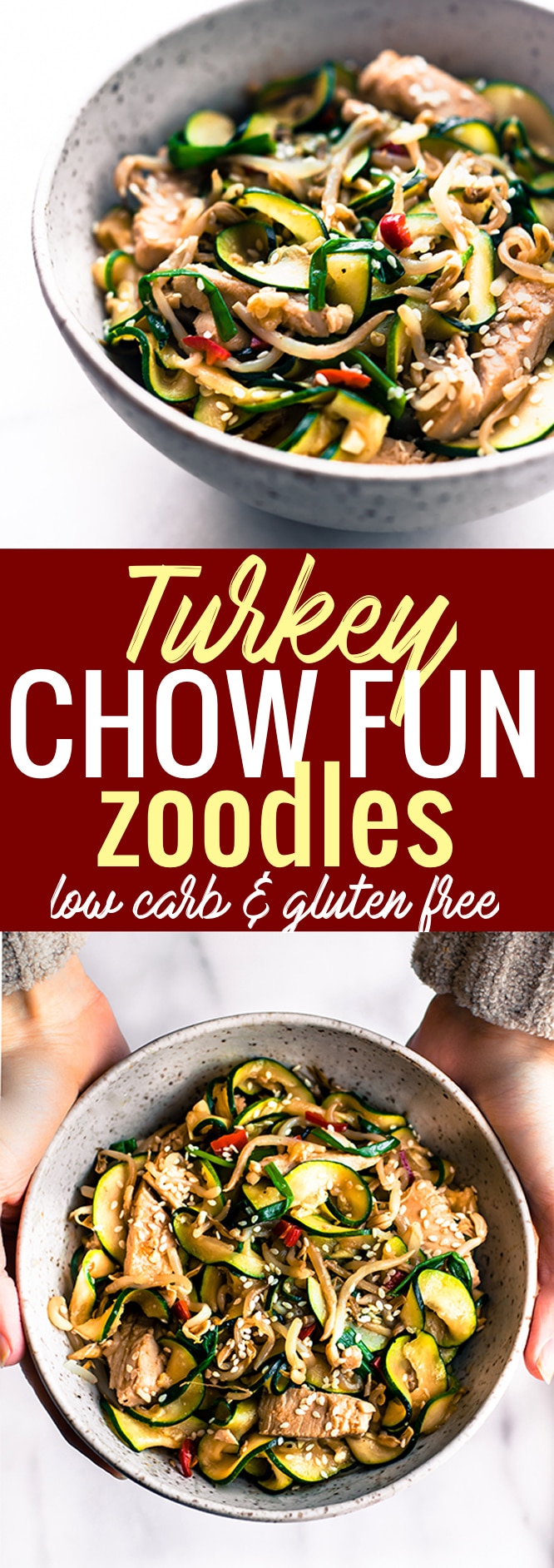 A Turkey Chow Fun recipe made with tamari zoodles! This spiralized zucchini turkey chow fun stir fry is light, naturally gluten free, and lower in carbs. A chow fun recipe that puts those leftover veggies and Turkey to use. Quick to make and delicious! www.cottercrunch.com @cottercrunch