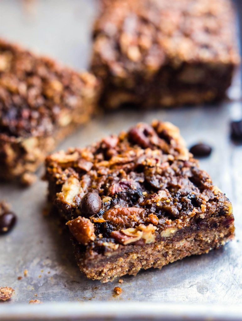 Pecan pie bars recipes aren't as good and easy as this one, and this is a vegan and Paleo recipe. The favorite holiday pie in smaller bar form, and lighter.