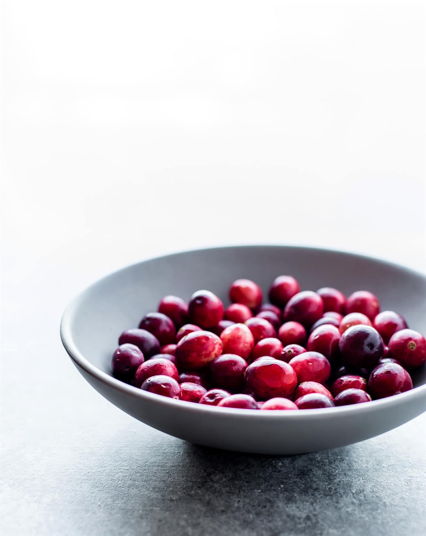 gray bowl full of fresh cranberries